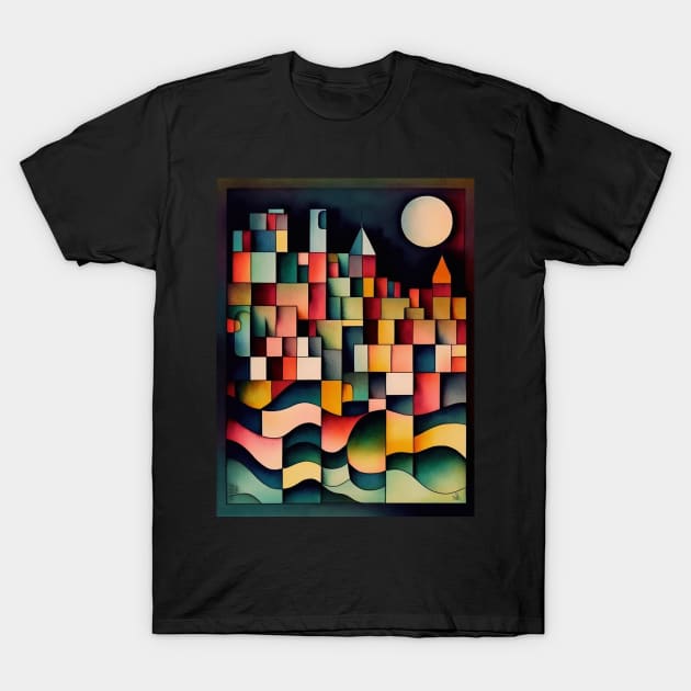 A cityscape and full moon in Kleeland T-Shirt by bulografik